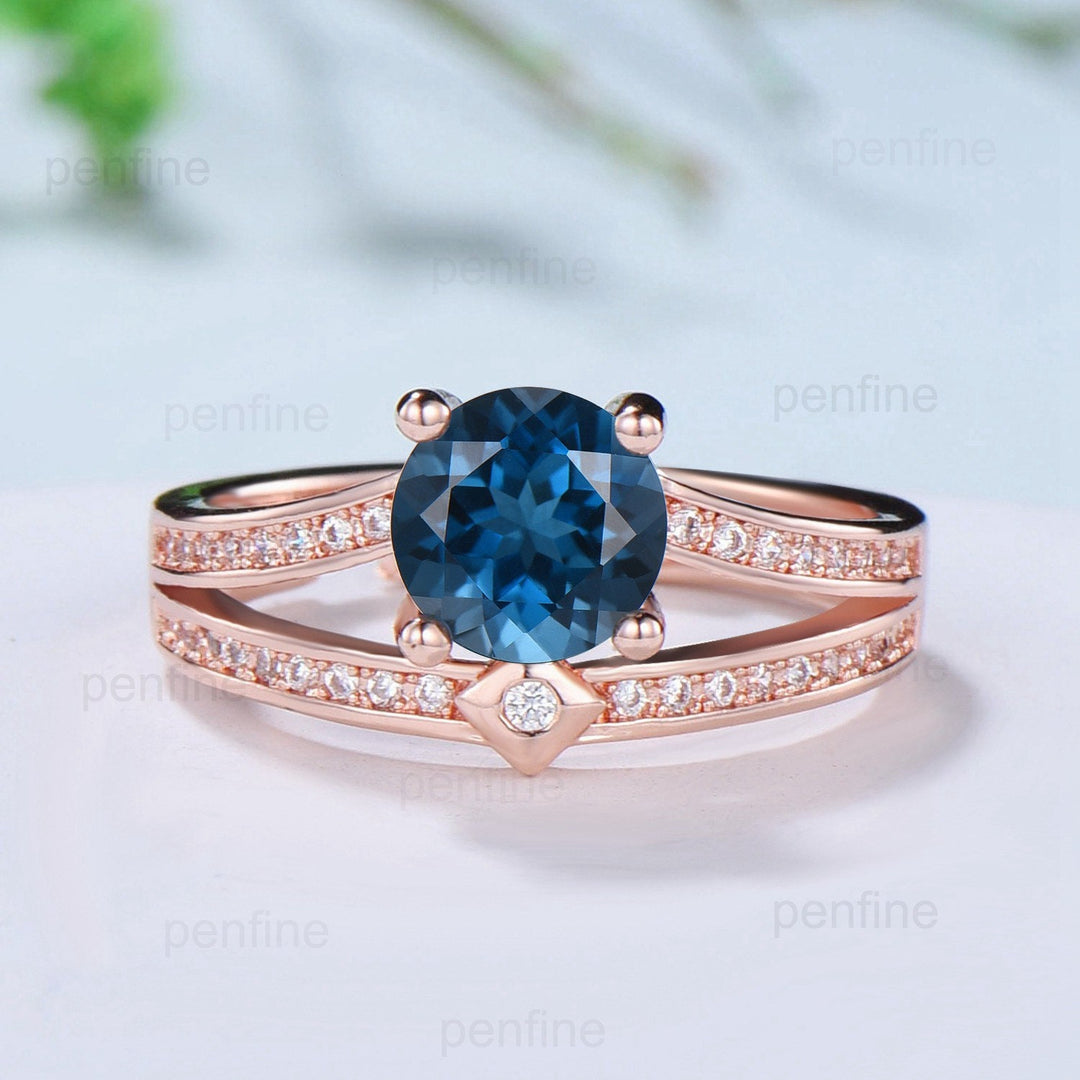 1 carat Round London Blue Topaz Ring Vintage Topaz Spilt Shank Engagement Ring unique channel set wedding Band For Women Anniversary Gift - PENFINE