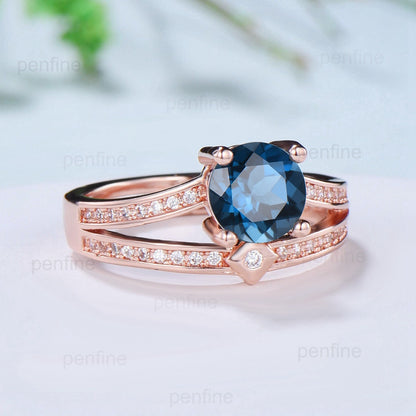 1 carat Round London Blue Topaz Ring Vintage Topaz Spilt Shank Engagement Ring unique channel set wedding Band For Women Anniversary Gift - PENFINE