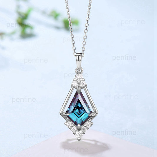 Vintage 1CT Kite Cut Alexandrite Pendant Necklace June Birthstone Floral Color changing Stone Pendant Necklace Anniversary Gift for Women - PENFINE