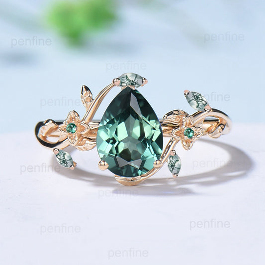 Elegant Pear Green Sapphire Ring Nature Inspired Teal Sapphire Engagement Ring Flower Green Agate Wedding Ring Emerald Branch Leaf Vine Ring - PENFINE