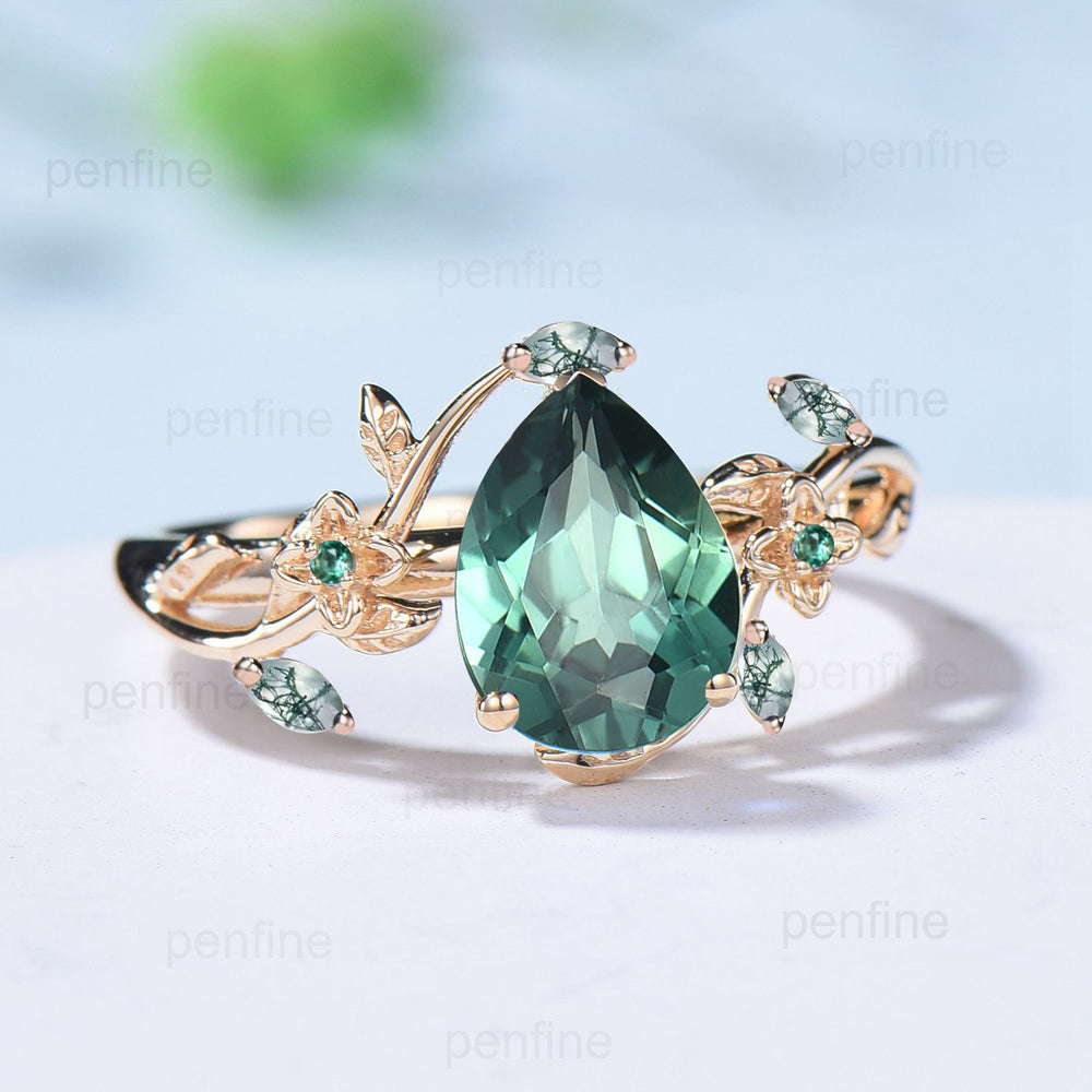 Elegant Pear Green Sapphire Ring Nature Inspired Teal Sapphire Engagement Ring Flower Green Agate Wedding Ring Emerald Branch Leaf Vine Ring - PENFINE