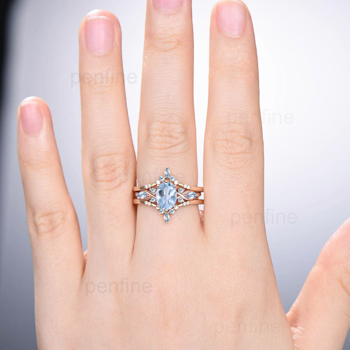 1.5CT Oval Natural Aquamarine Engagement Ring Set Vintage March Birthstone Wedding Ring Set Double Curved Stacking Matching Band Bridal Set - PENFINE