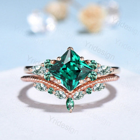 Vintage Princess Cut Emerald Engagement Ring Set Silver Rose Gold Unique Marquise Aquatic Green Crystal Bridal Wedding Ring Set For Women - PENFINE