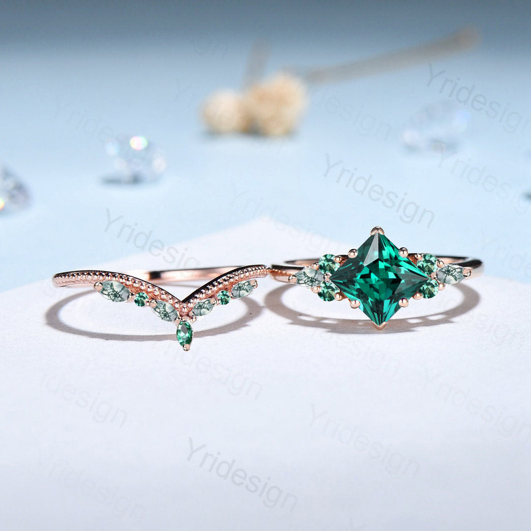 Vintage Princess Cut Emerald Engagement Ring Set Silver Rose Gold Unique Marquise Aquatic Green Crystal Bridal Wedding Ring Set For Women - PENFINE