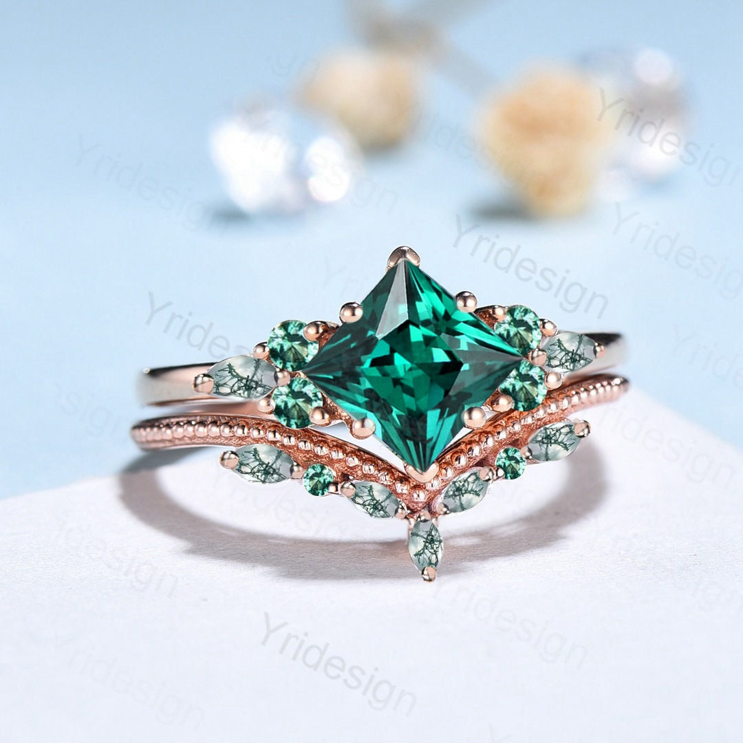 Vintage Princess Cut Emerald Engagement Ring Set Silver Rose Gold Unique Marquise Aquatic Green Crystal Bridal Wedding Ring Set For Women - PENFINE