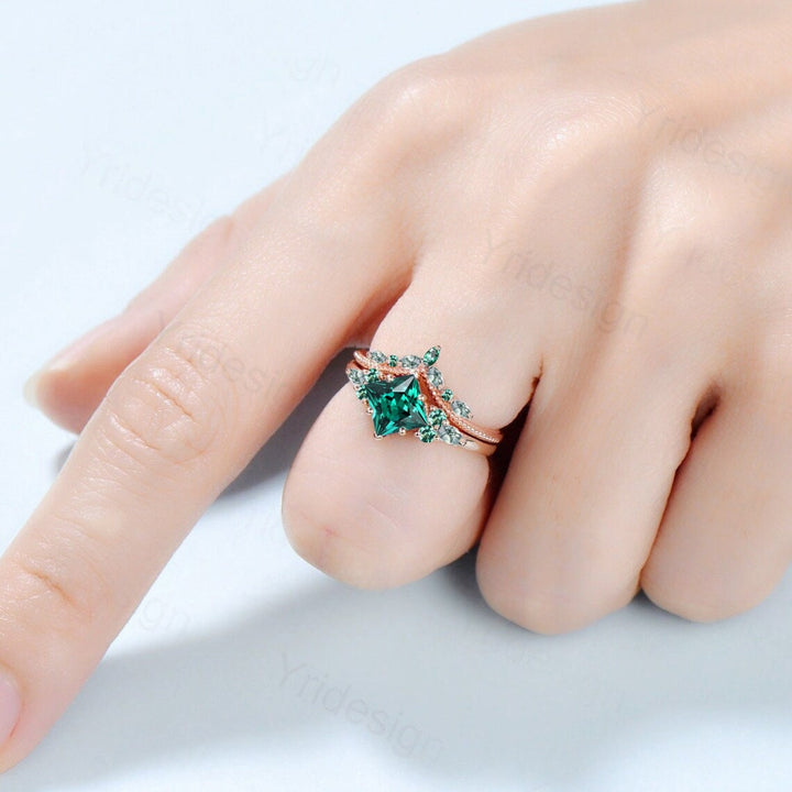 Vintage Princess Cut Emerald Engagement Ring Set Silver Rose Gold Unique Marquise Aquatic Green Crystal Bridal Wedding Ring Set For Women - PENFINE