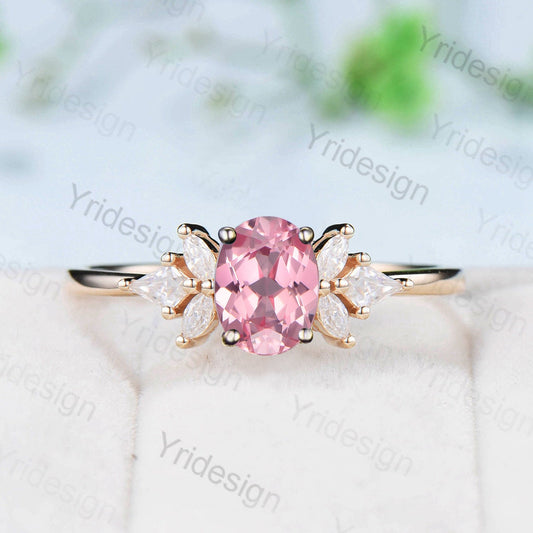 Vintage Padparadscha sapphire engagement ring Oval Papalacha Sapphire Gold wedding ring Marquise moissanite handmade proposal gifts women - PENFINE