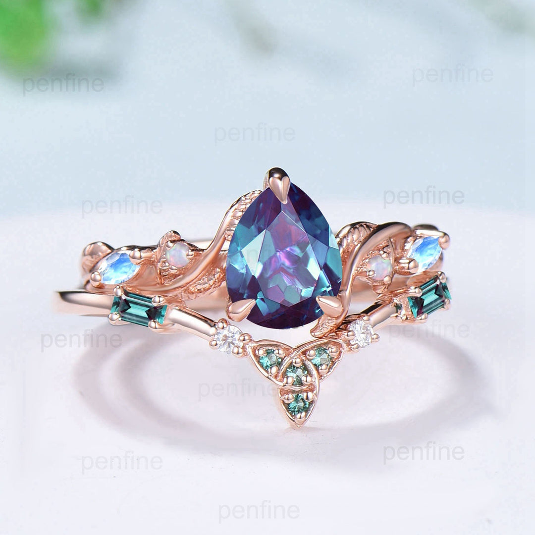 Vintage alexandrite ring set Nature Inspired June birthstone engagement ring Norse Viking opal moonstone emerald wedding ring set for women - PENFINE