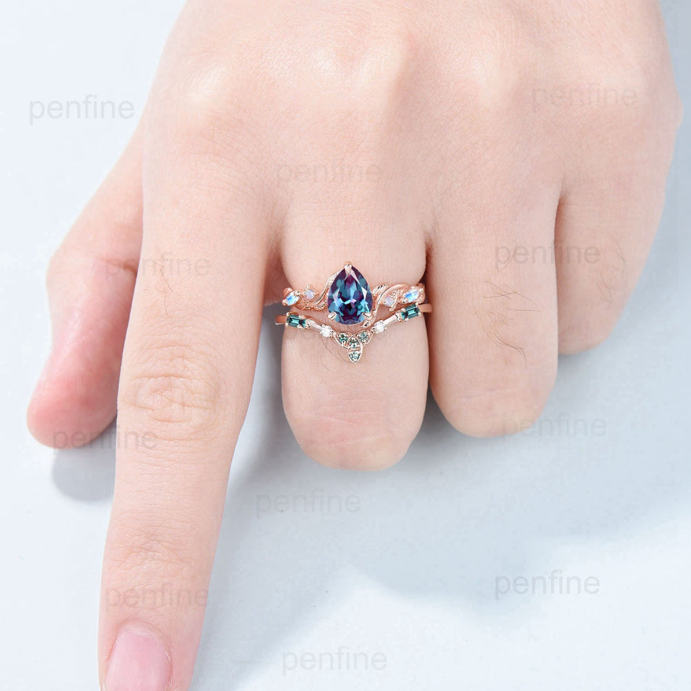 Vintage alexandrite ring set Nature Inspired June birthstone engagement ring Norse Viking opal moonstone emerald wedding ring set for women - PENFINE