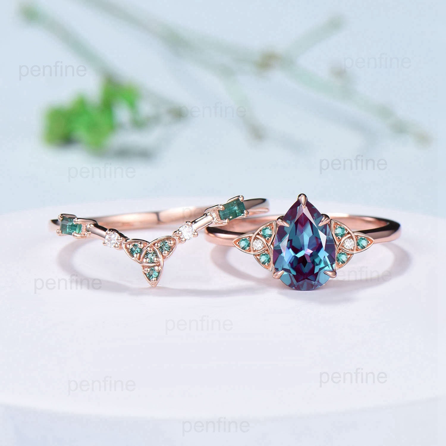 Vintage Pear shaped alexandrite engagement ring set Norse Viking Rose gold alexandrite emerald ring Unique anniversary bridal ring set women - PENFINE