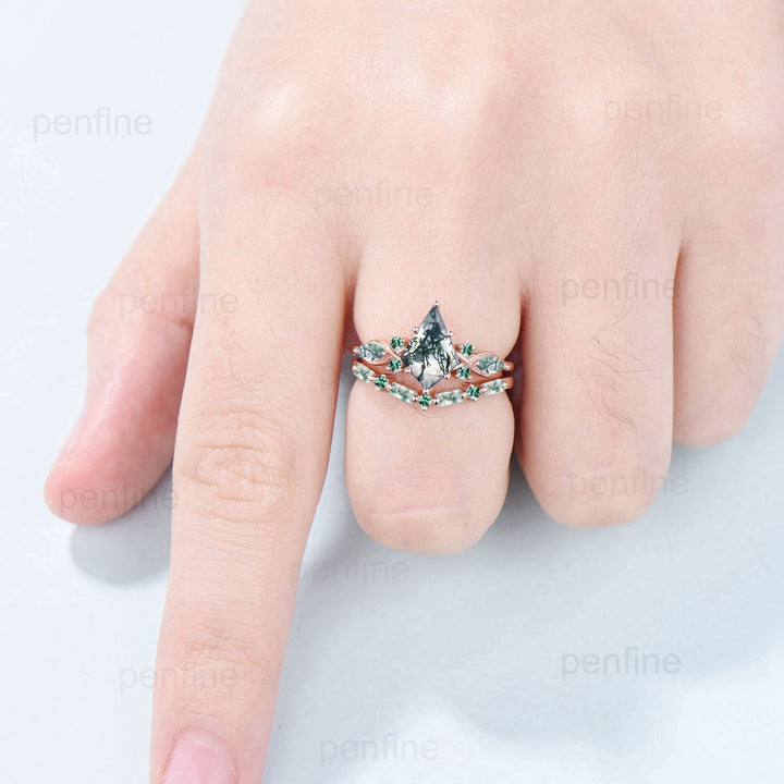 Vintage 1.5 Carat Kite Cut Moss Agate Engagement Ring Set Unique 14k Rose Gold Natural Green Marquise Agate Wedding Ring Set Ring for Women - PENFINE
