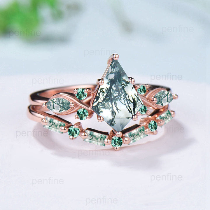 Vintage 1.5 Carat Kite Cut Moss Agate Engagement Ring Set Unique 14k Rose Gold Natural Green Marquise Agate Wedding Ring Set Ring for Women - PENFINE