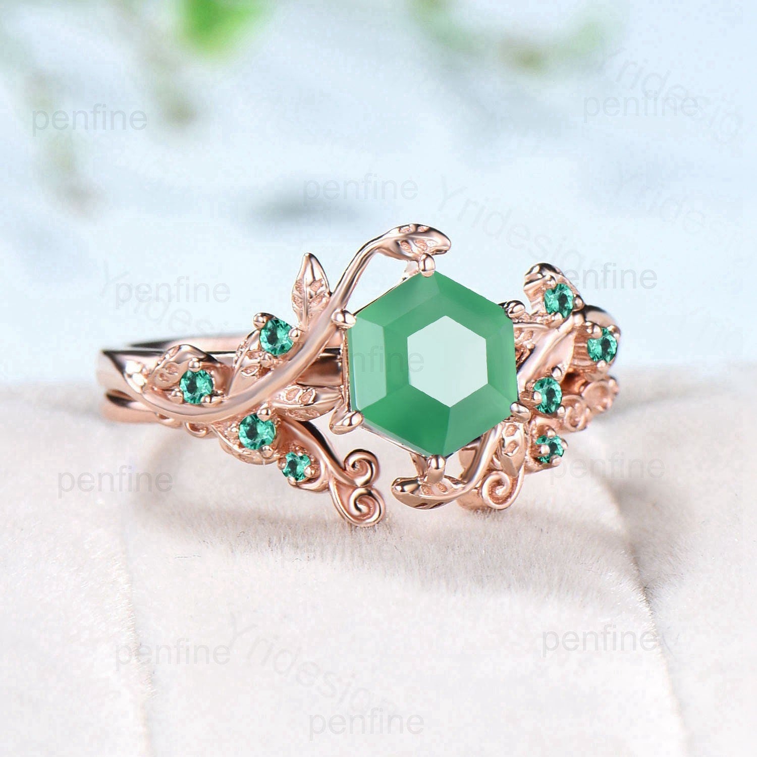 Elegant Chrysoprase Engagement Ring Set  Vintage Unique Green Chrysoprase Wedding Set Rose Gold Cluster Emerald Promise Ring Cute Bridal Set - PENFINE