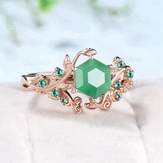 Elegant Chrysoprase Engagement Ring Set Vintage Unique Green Chrysoprase Wedding Set Rose Gold Cluster Emerald Promise Ring Cute Bridal Set - PENFINE