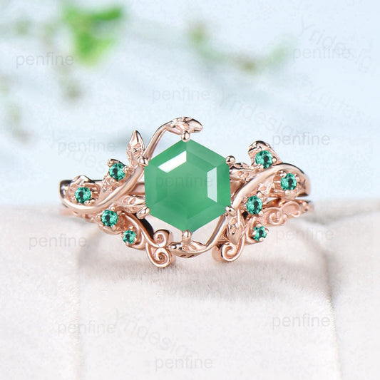 Elegant Chrysoprase Engagement Ring Set  Vintage Unique Green Chrysoprase Wedding Set Rose Gold Cluster Emerald Promise Ring Cute Bridal Set - PENFINE