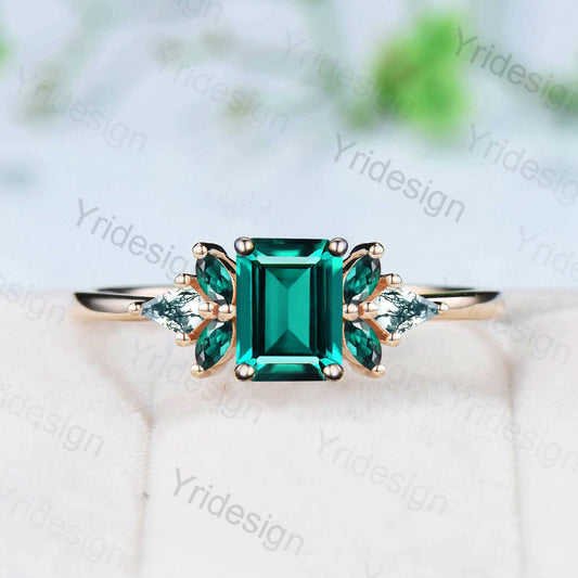 2 Carat Emerald Cut Emerald Engagement Ring Vintage Kite Moss Agate Marquise Emerald Wedding Ring For Unique March Birthstone Gift for Women - PENFINE