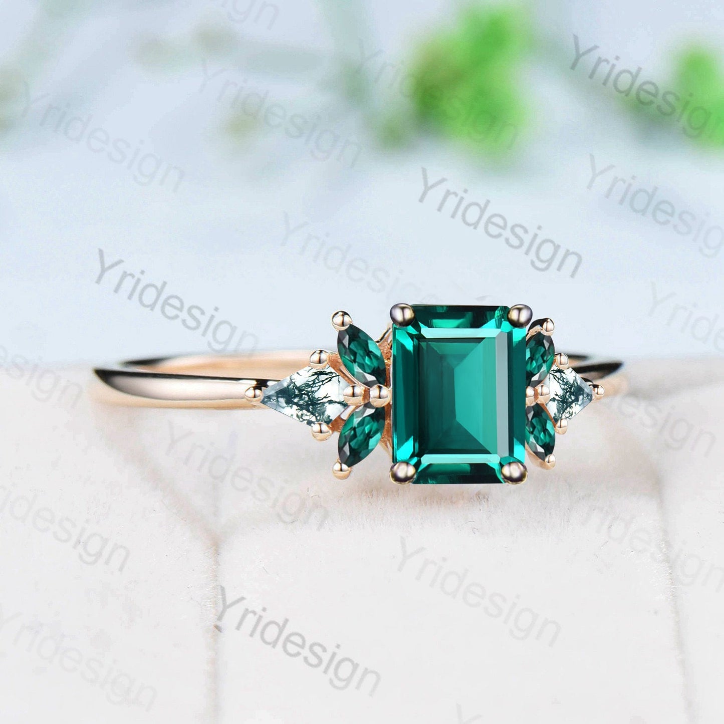 2 Carat Emerald Cut Emerald Engagement Ring Vintage Kite Moss Agate Marquise Emerald Wedding Ring For Unique March Birthstone Gift for Women - PENFINE