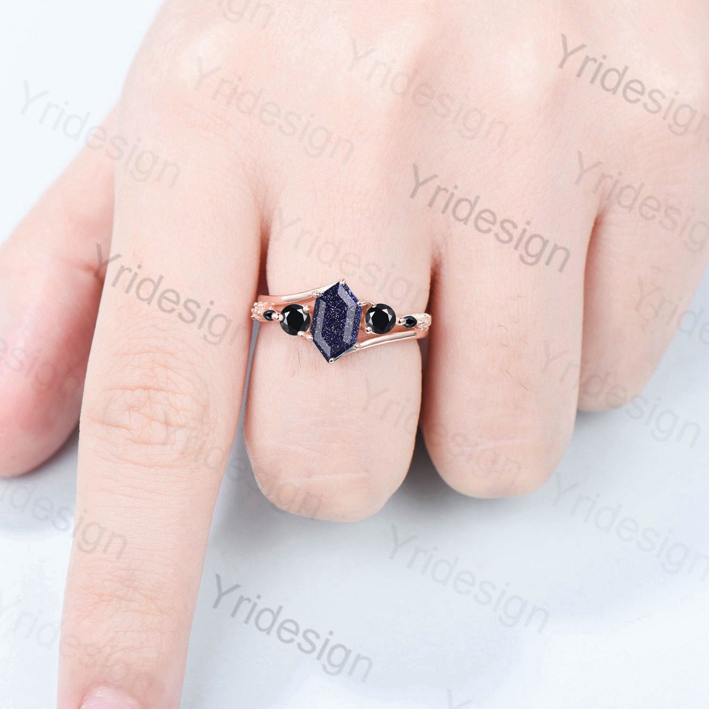 Long Hexagon Blue Sandstone Engagement Ring Split Shank Goldstone 5 Stone Black Spinel Wedding Ring Unique Handmade Proposal Gifts for Women - PENFINE