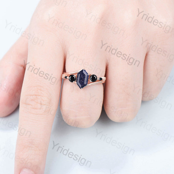 Long Hexagon Blue Sandstone Engagement Ring Split Shank Goldstone 5 Stone Black Spinel Wedding Ring Unique Handmade Proposal Gifts for Women - PENFINE