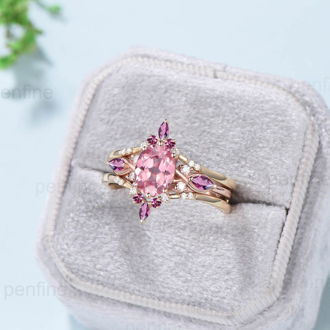 1.5CT Oval Papalacha Sapphire Engagement Ring Set Vintage Pink Tourmaline Wedding Ring Set Double Curved Stacking Matching Band Bridal Set - PENFINE