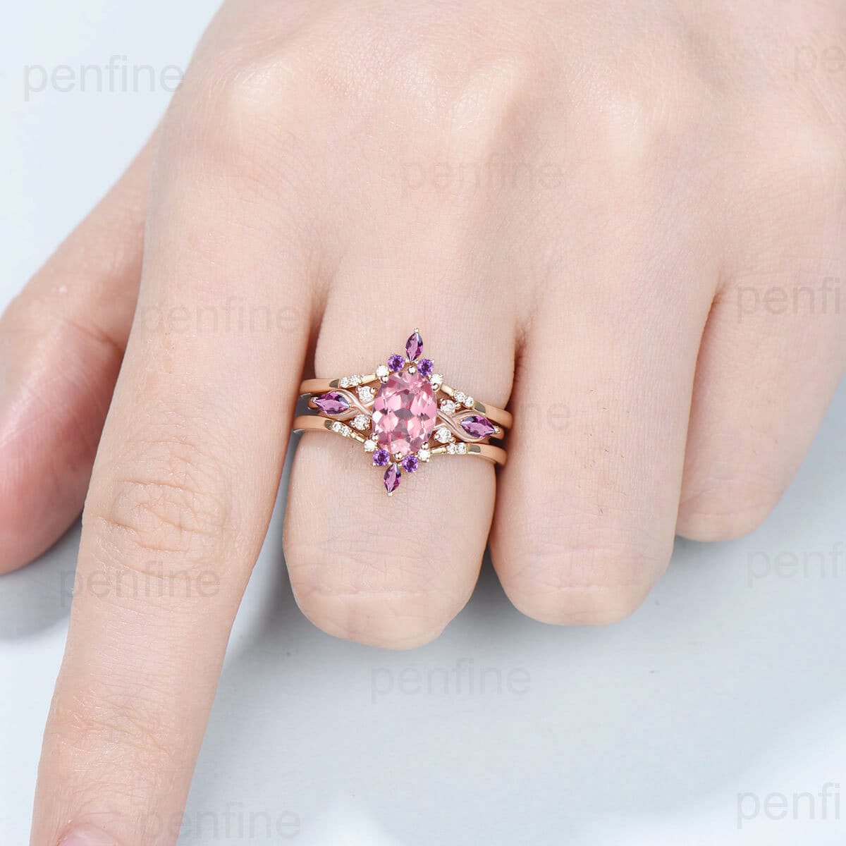 14k Gold store Pink Tourmaline Engagement Ring Set, Pink Tourmaline Wedding Ring Set, Unique Tourmaline Bridal Set, Art Deco Tourmaline Ring Set.