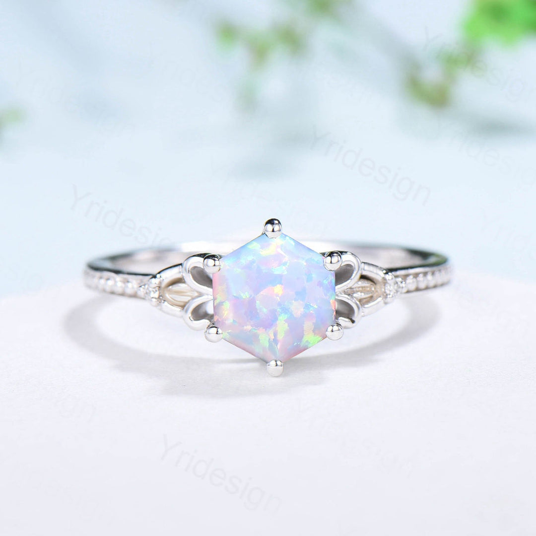 Vintage Opal Ring Set 3pcs Unique Hexagon October Birthstone Engagement Ring White Gold Milgrain Celtic Aquamarine Bridal Ring Set For Women - PENFINE