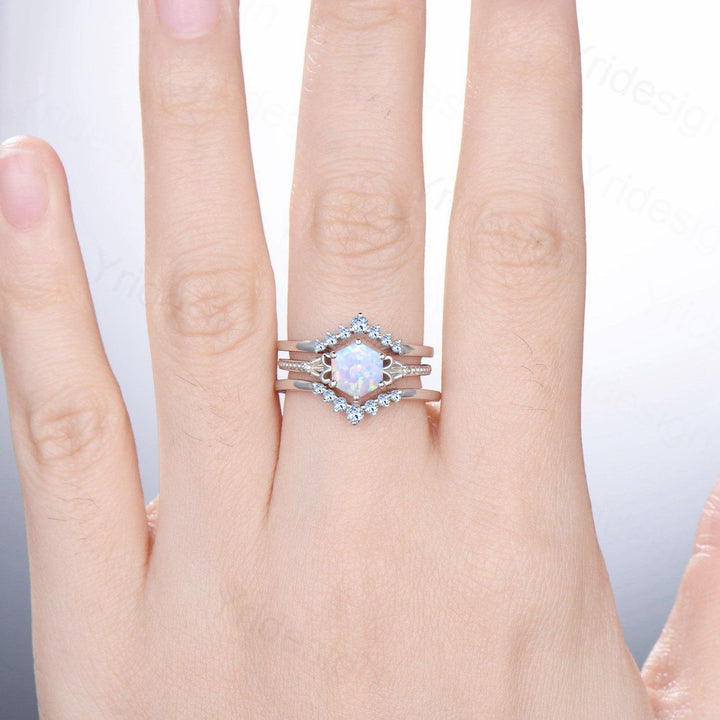 Vintage Opal Ring Set 3pcs Unique Hexagon October Birthstone Engagement Ring White Gold Milgrain Celtic Aquamarine Bridal Ring Set For Women - PENFINE