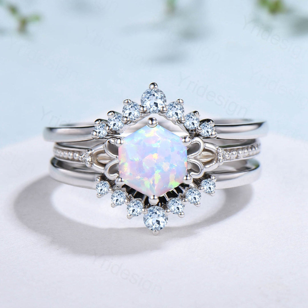 Vintage Opal Ring Set 3pcs Unique Hexagon October Birthstone Engagement Ring White Gold Milgrain Celtic Aquamarine Bridal Ring Set For Women - PENFINE