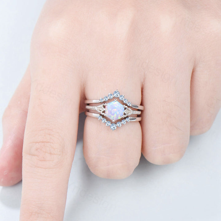 Vintage Opal Ring Set 3pcs Unique Hexagon October Birthstone Engagement Ring White Gold Milgrain Celtic Aquamarine Bridal Ring Set For Women - PENFINE