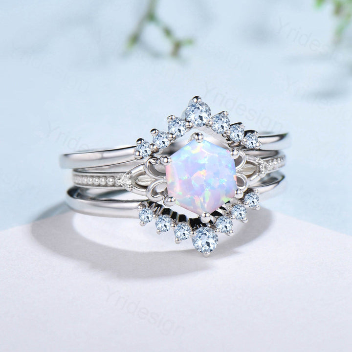 Vintage Opal Ring Set 3pcs Unique Hexagon October Birthstone Engagement Ring White Gold Milgrain Celtic Aquamarine Bridal Ring Set For Women - PENFINE