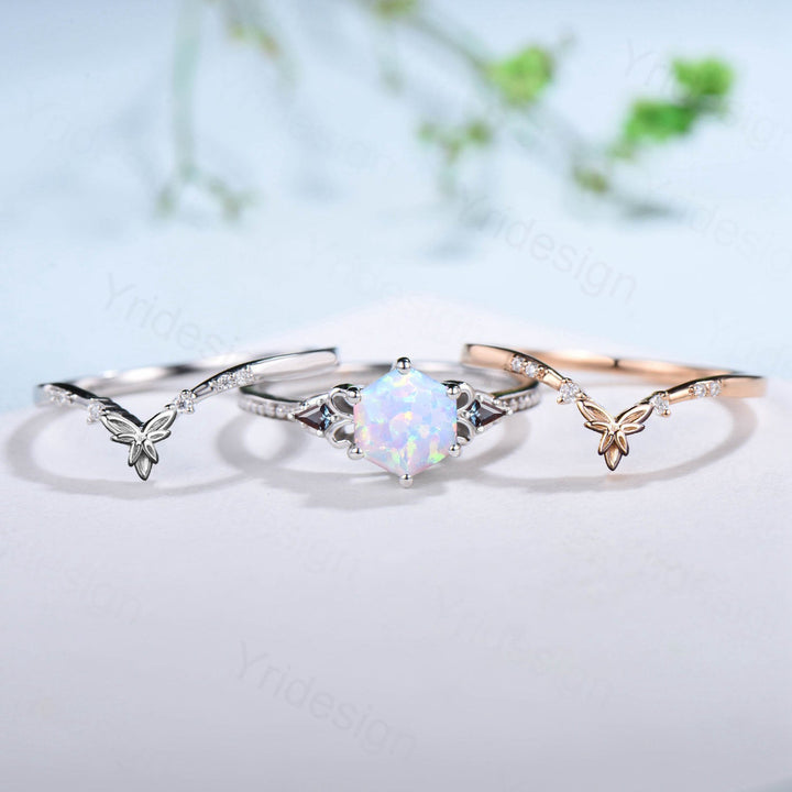 Vintage Opal Ring Set Natural Inspired Hexagon Opal Leaf Engagement Ring White Gold Milgrain Celtic Kite Alexandrite Bridal Ring Set Women - PENFINE