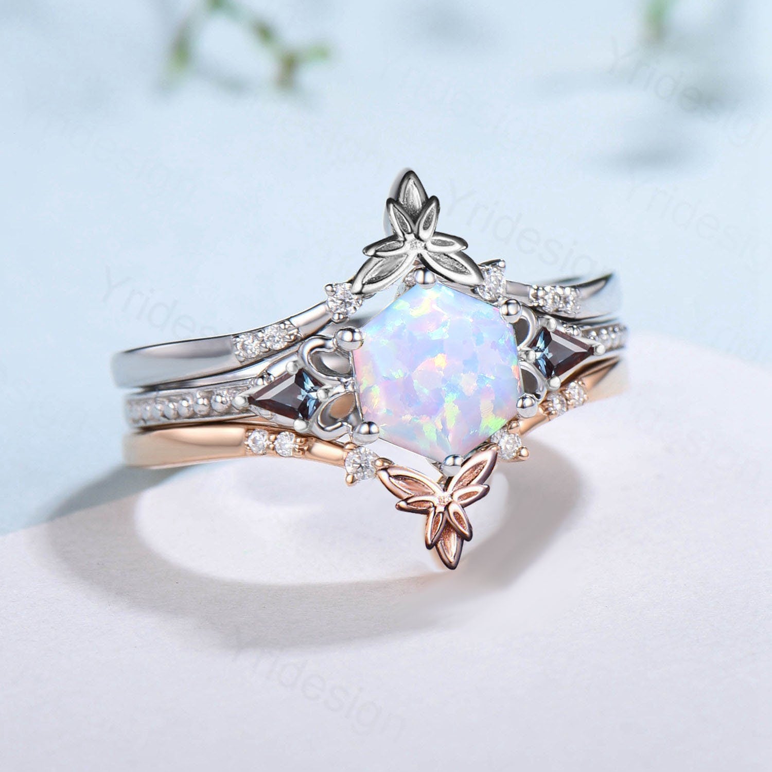 Vintage Opal Ring Set Natural Inspired Hexagon Opal Leaf Engagement Ring White Gold Milgrain Celtic Kite Alexandrite Bridal Ring Set Women - PENFINE