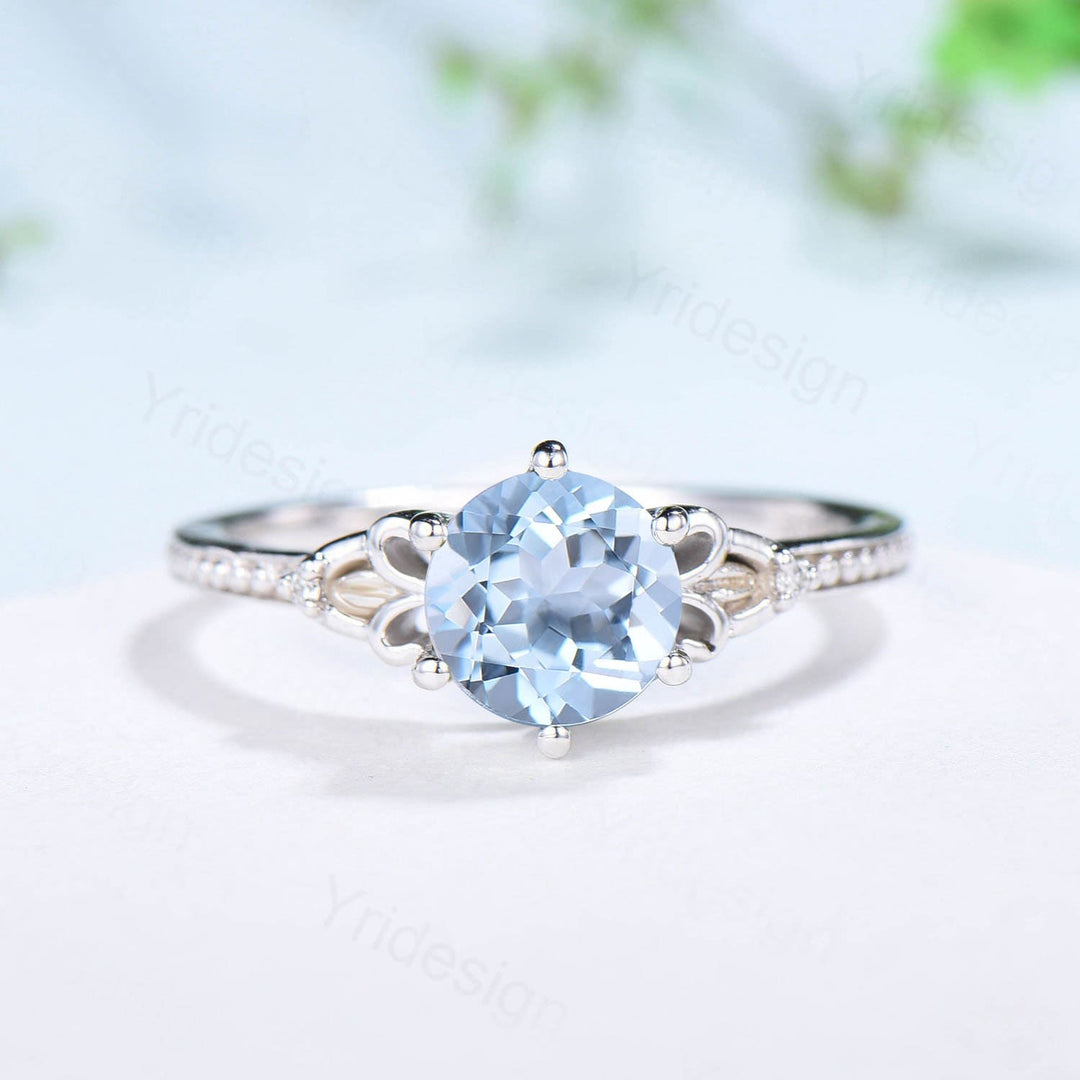 Art Deco Aquamarine Wedding Ring Set, 1 Carat White Gold Bridal Ring - PENFINE