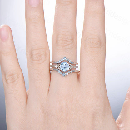 Art Deco Aquamarine Wedding Ring Set, 1 Carat White Gold Bridal Ring - PENFINE