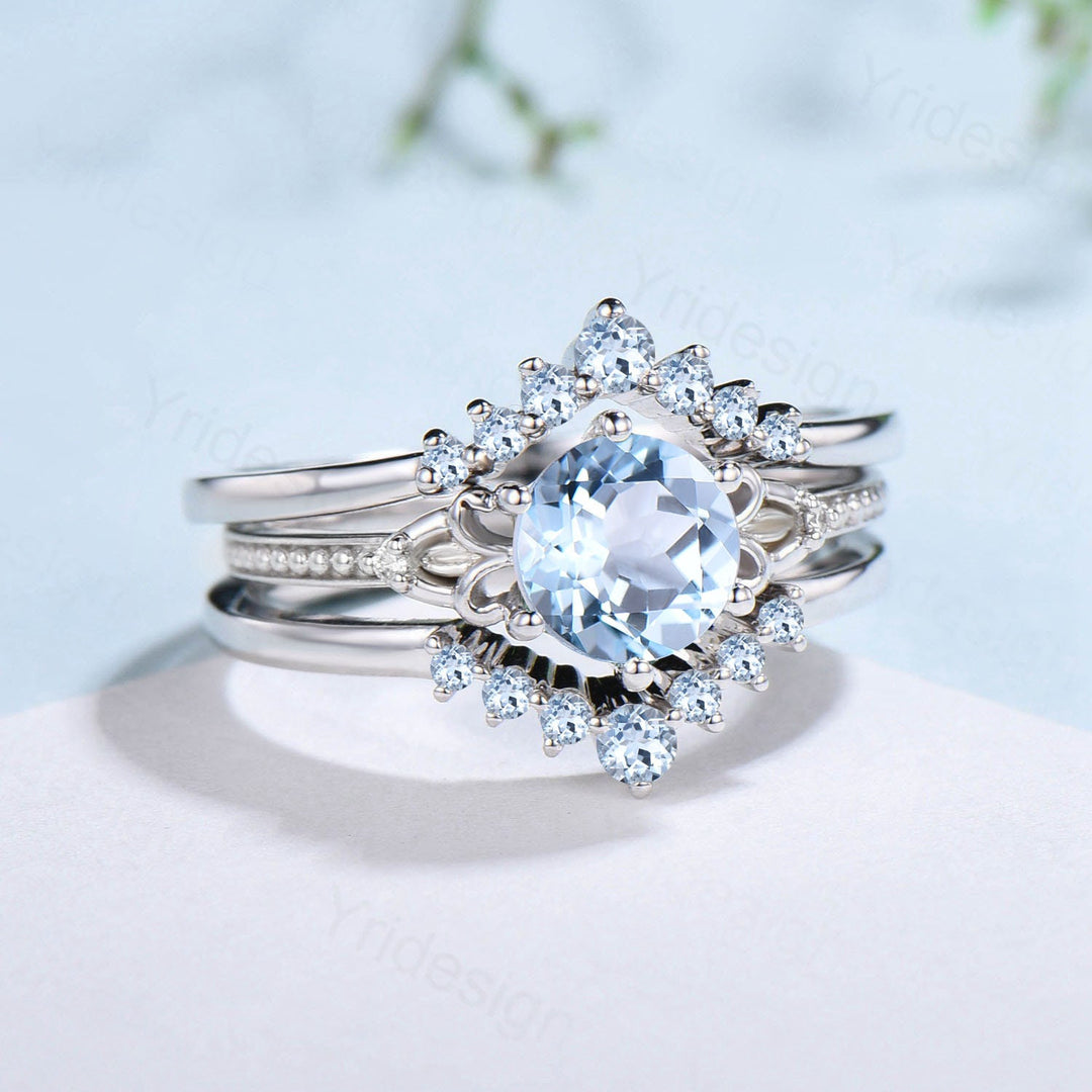 Art Deco Aquamarine Wedding Ring Set, 1 Carat White Gold Bridal Ring - PENFINE