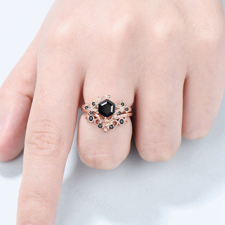 Leaf Vine Black Onyx Engagement Ring Set Hexagon Cut Seven Stone Cluster Spinel Wedding Ring Rose Gold Floral Nature Inspired Bridal Set - PENFINE