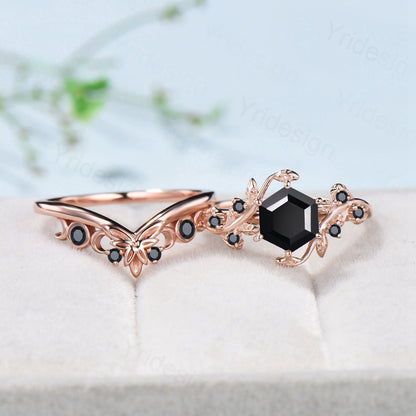 Leaf Vine Black Onyx Engagement Ring Set Hexagon Cut Seven Stone Cluster Spinel Wedding Ring Rose Gold Floral Nature Inspired Bridal Set - PENFINE