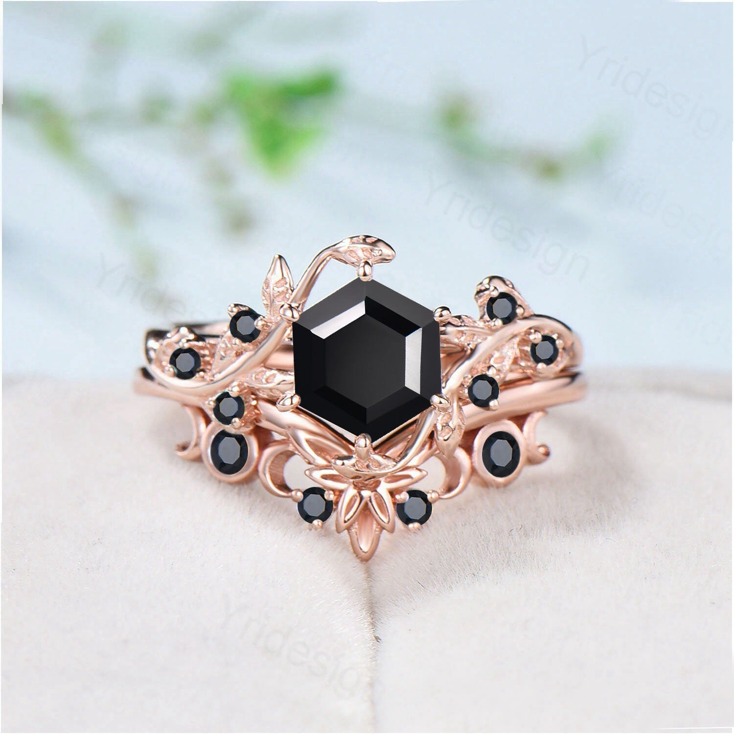 Leaf Vine Black Onyx Engagement Ring Set Hexagon Cut Seven Stone Cluster Spinel Wedding Ring Rose Gold Floral Nature Inspired Bridal Set - PENFINE