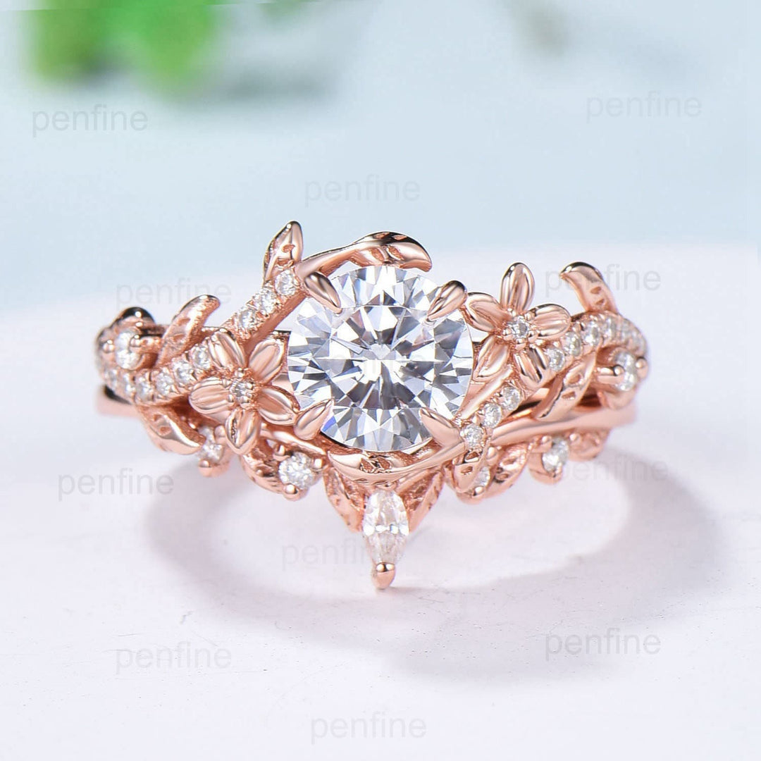 1CT Floral Brilliant Moissanite Engagement Ring Set Nature Inspired Branch Twig Leaf Wedding Set Unique Infinity anniversary bridal ring set - PENFINE