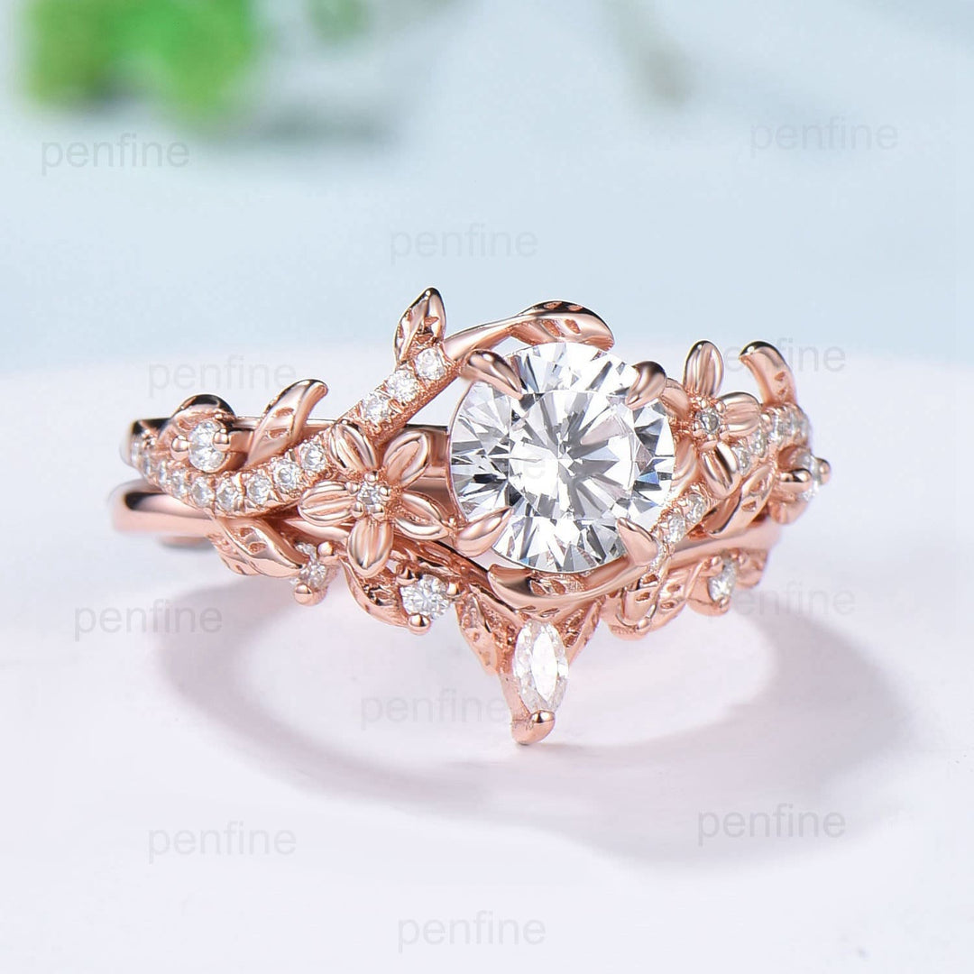 1CT Floral Brilliant Moissanite Engagement Ring Set Nature Inspired Branch Twig Leaf Wedding Set Unique Infinity anniversary bridal ring set - PENFINE