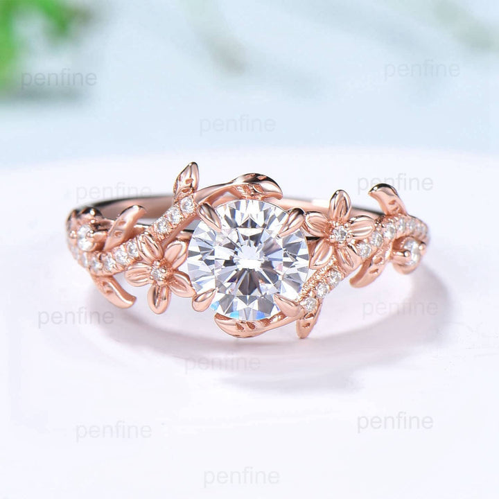 1CT Floral Brilliant Moissanite Engagement Ring Set Nature Inspired Branch Twig Leaf Wedding Set Unique Infinity anniversary bridal ring set - PENFINE