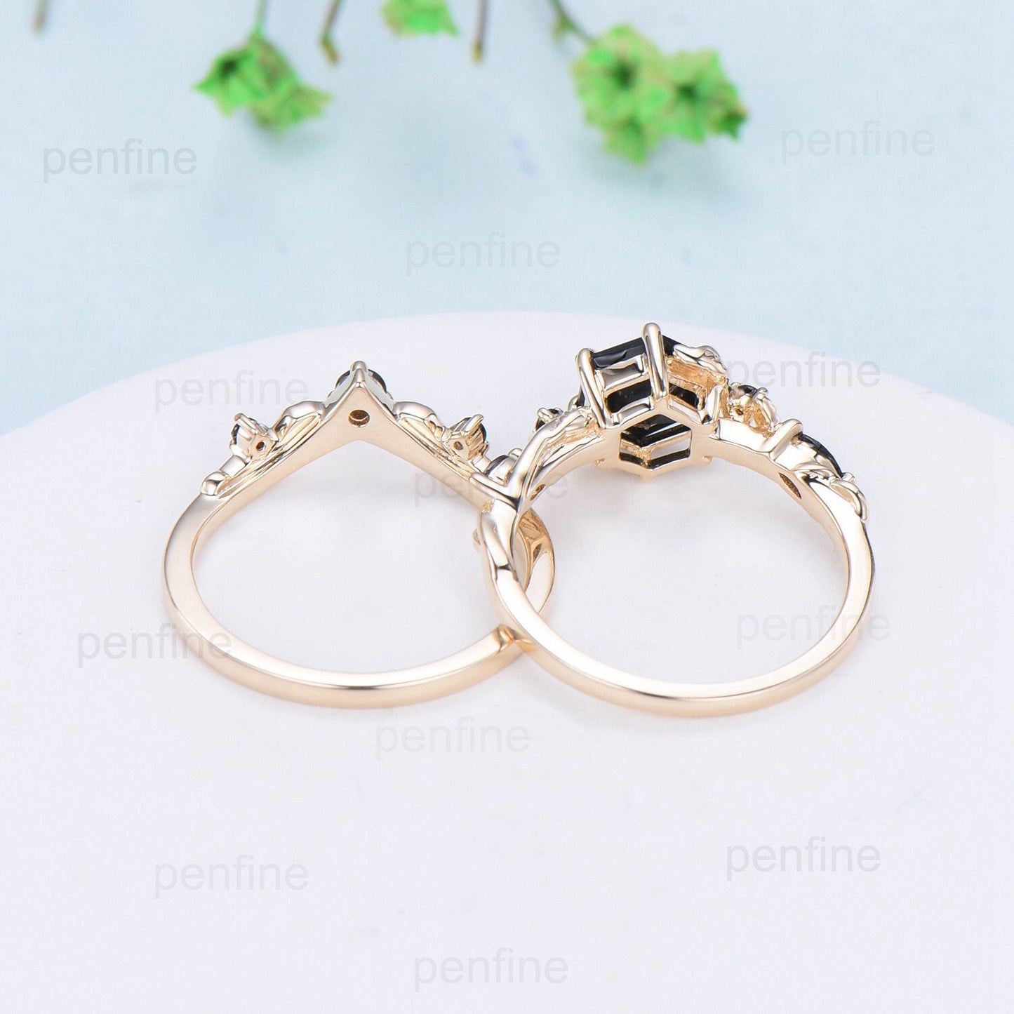 Unique yellow gold black onyx engagement ring set Nature Inspired black stone wedding ring set vintage Retro spinel Leaf Vine bridal set - PENFINE