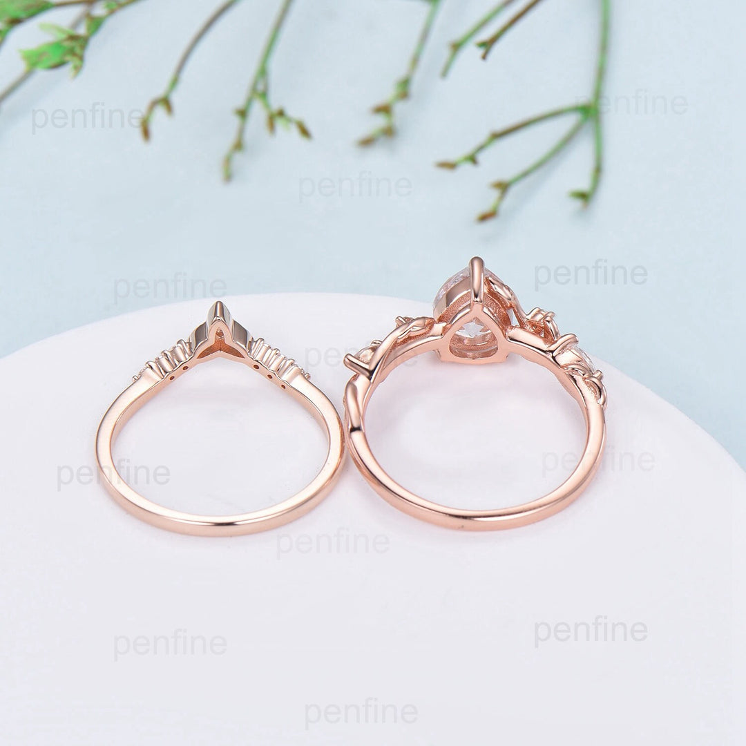 Nature Inspired Moissanite Engagement Ring Set IGI Certificate Lab Grown Diamond Twig Wedding Ring Set Leaf Branch Norse Viking Bridal Set - PENFINE