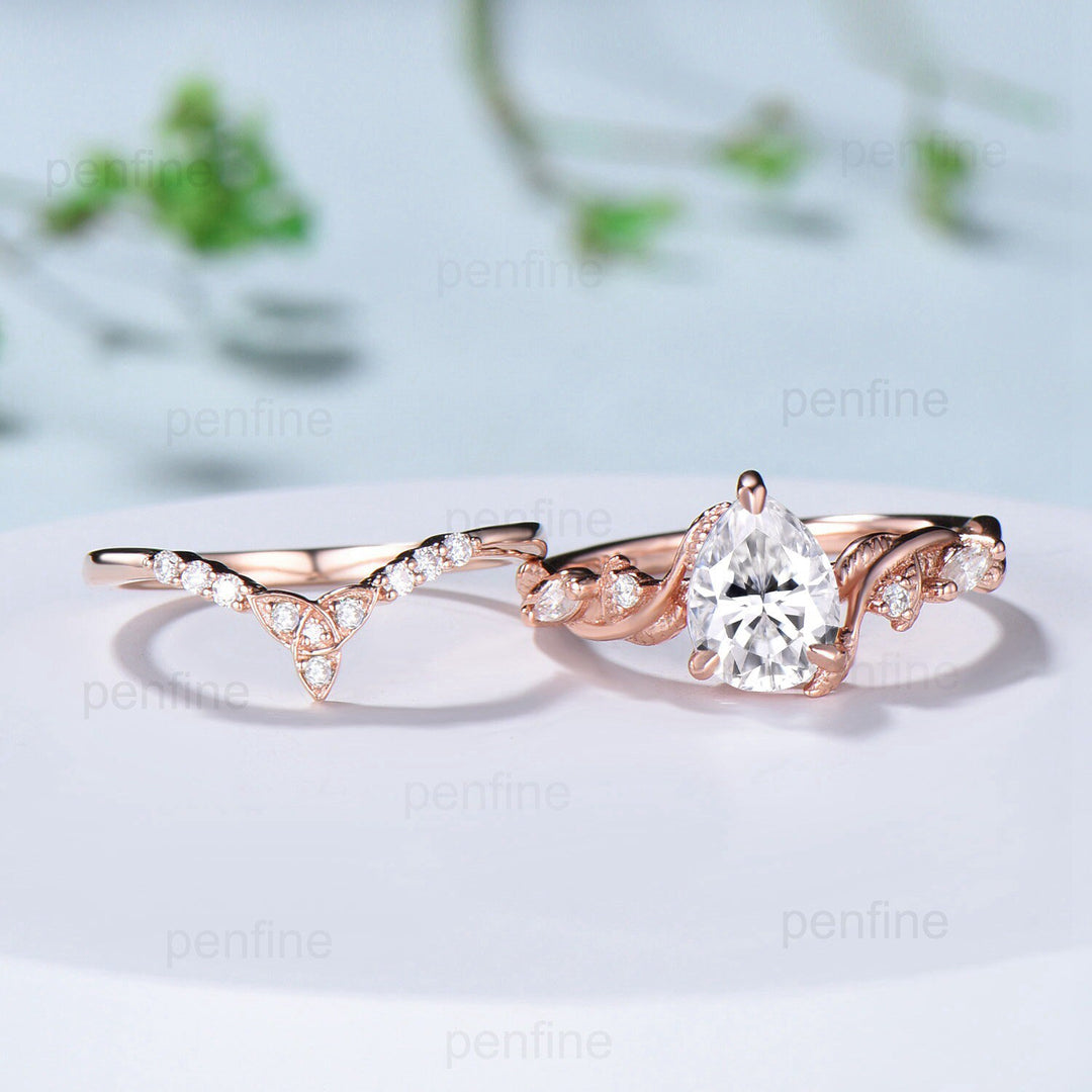 Nature Inspired Moissanite Engagement Ring Set IGI Certificate Lab Grown Diamond Twig Wedding Ring Set Leaf Branch Norse Viking Bridal Set - PENFINE