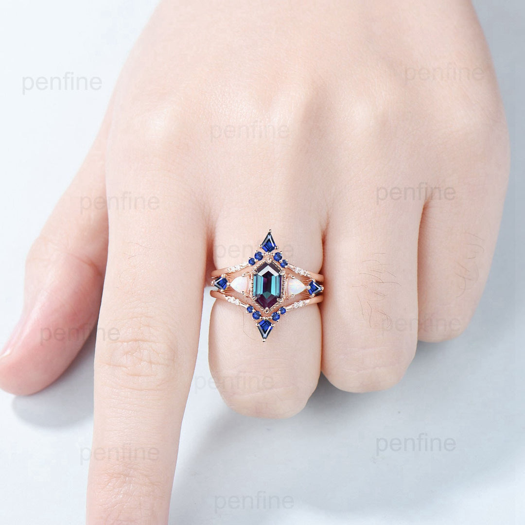 Unique long hexagon alexandrite engagement ring set vintage triangle fire opal kite sapphire wedding ring set double curved v stacking band - PENFINE