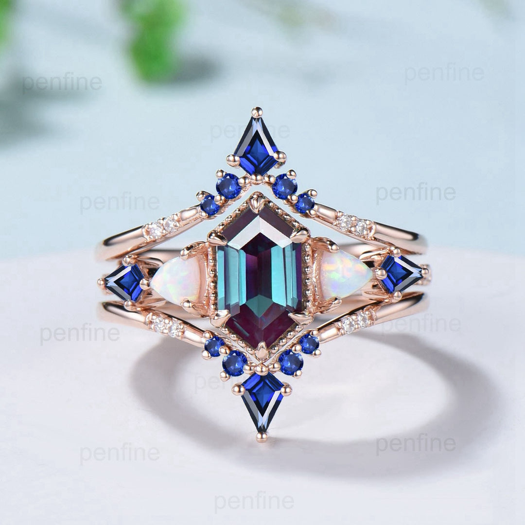 Unique long hexagon alexandrite engagement ring set vintage triangle fire opal kite sapphire wedding ring set double curved v stacking band - PENFINE