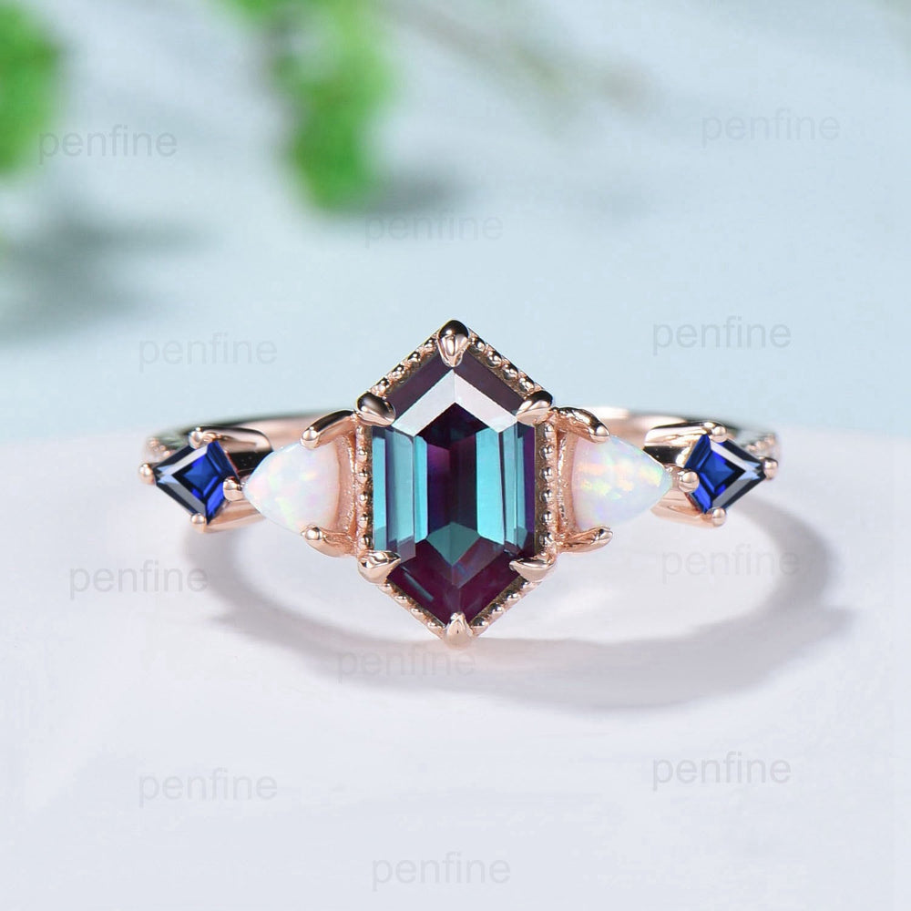 Unique long hexagon alexandrite engagement ring set vintage triangle fire opal kite sapphire wedding ring set double curved v stacking band - PENFINE