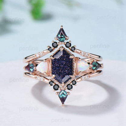 Unique long hexagon blue sandstone engagement ring set vintage triangle fire opal kite alexandrite wedding set double curved v spinel band - PENFINE