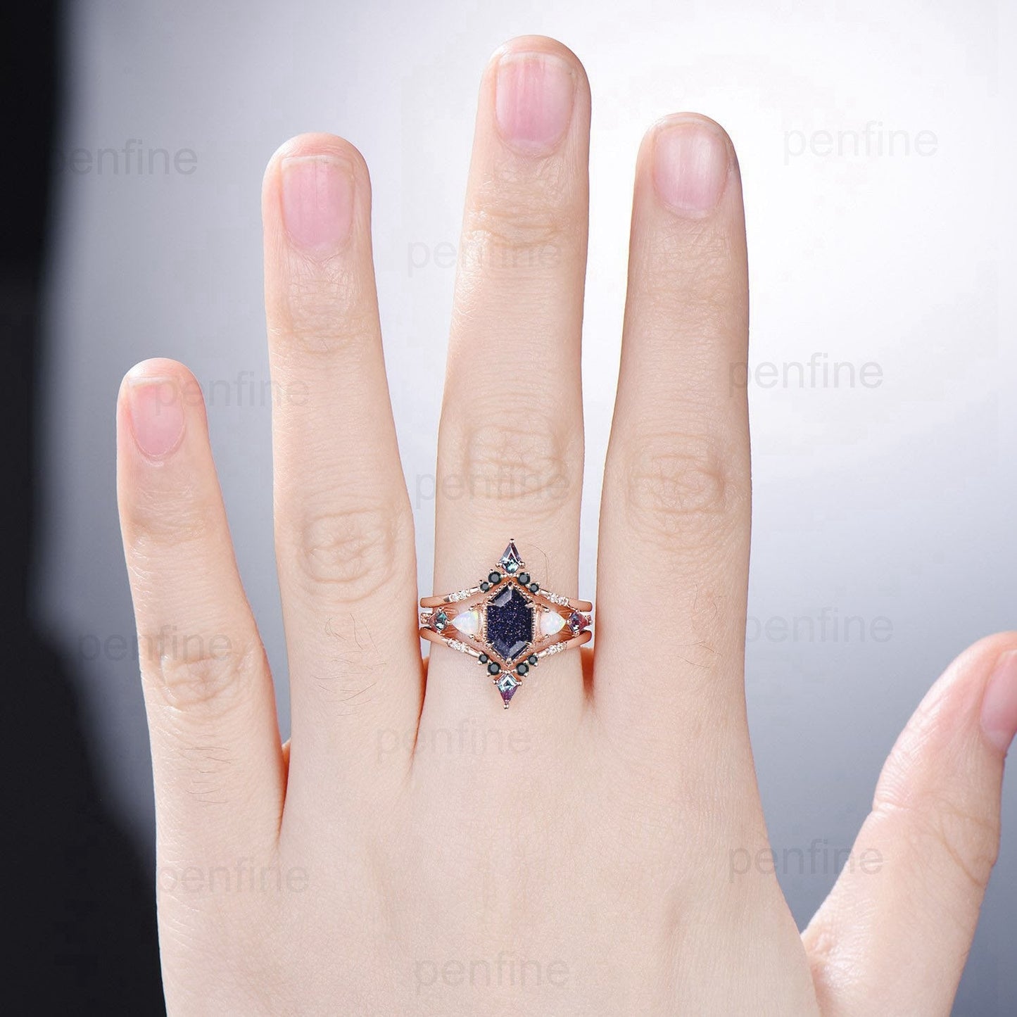 Unique long hexagon blue sandstone engagement ring set vintage triangle fire opal kite alexandrite wedding set double curved v spinel band - PENFINE