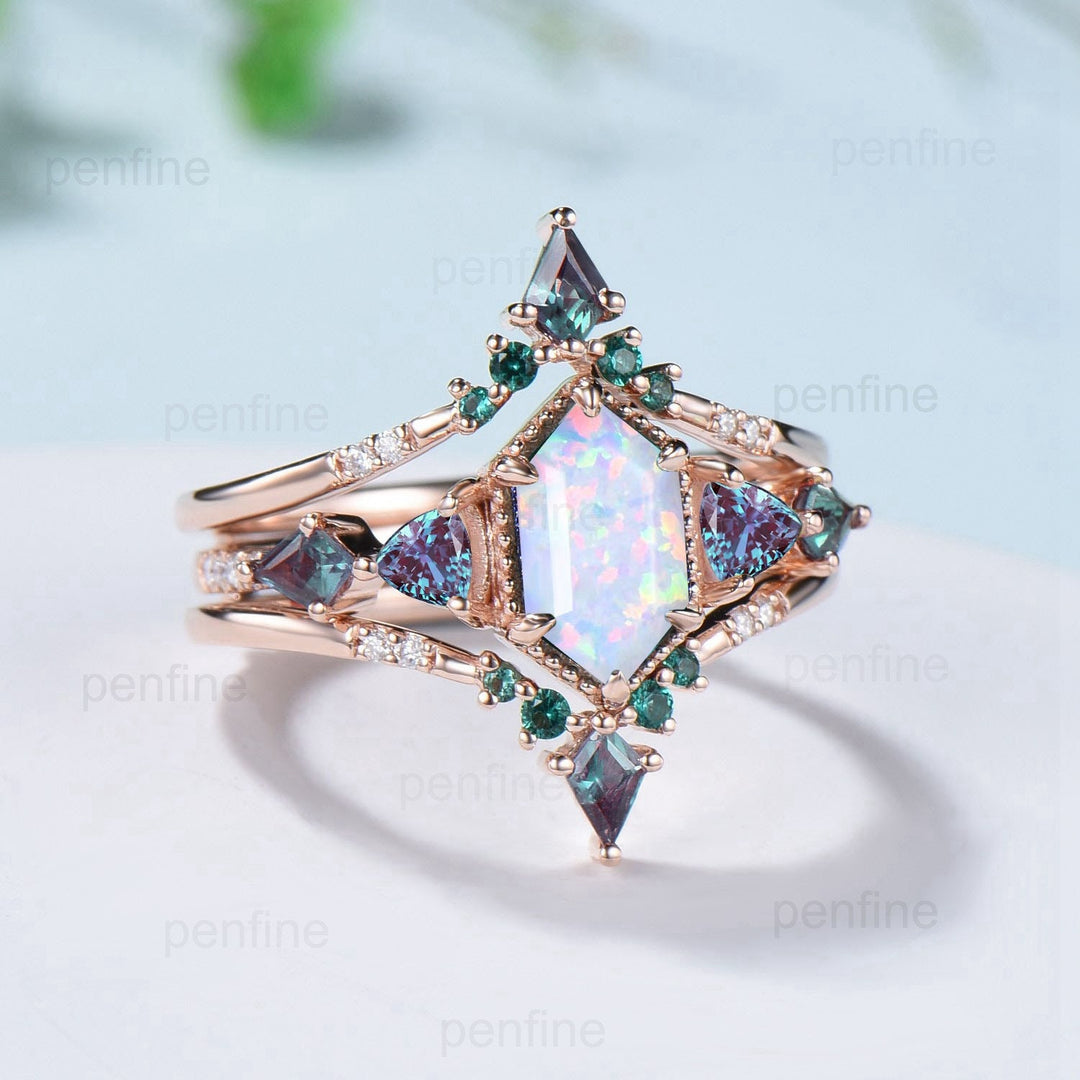 Vintage Rose Gold Alexandrite & Opal Ring Set, Handmade - PENFINE